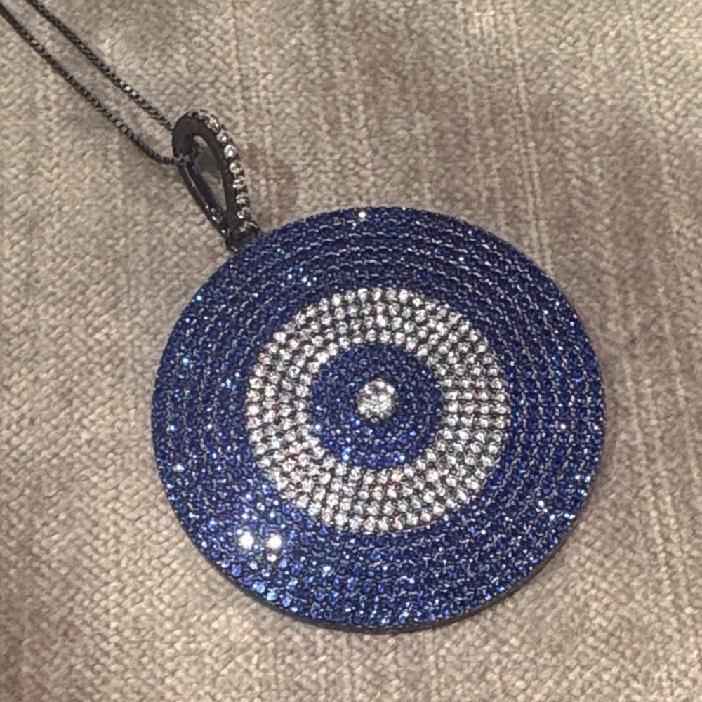 Blue and Clear Crystal Round Pendant Necklace. Read description & see all pics.